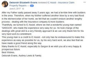 Facebook testimonial - insurance claim for water damage to kitchen