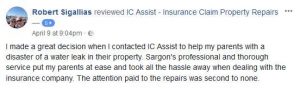 Customer feedback for repairing water damage to ceiling, walls and flooring