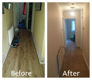 Before & after picture of water damage restoration in a flat